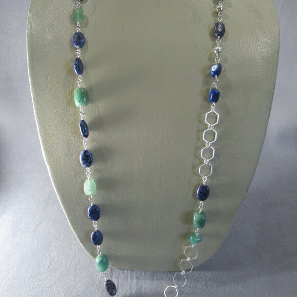 Sodalite, Jade and Iolite Double Wrap Necklace, Silver Chain - Picture 5 of 6